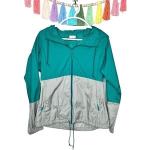 Columbia Gray and Teal Hooded Lightweight Raincoat Windbreaker Jacket Size Small